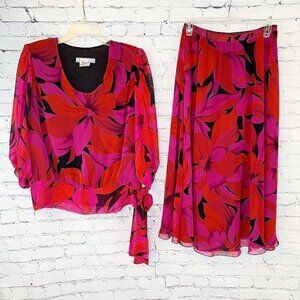 SPECTACULAR 80S VINTAGE SECRETARY SIASIA BLOUSE MIDI SKIRT SET - USA MADE - MEDI